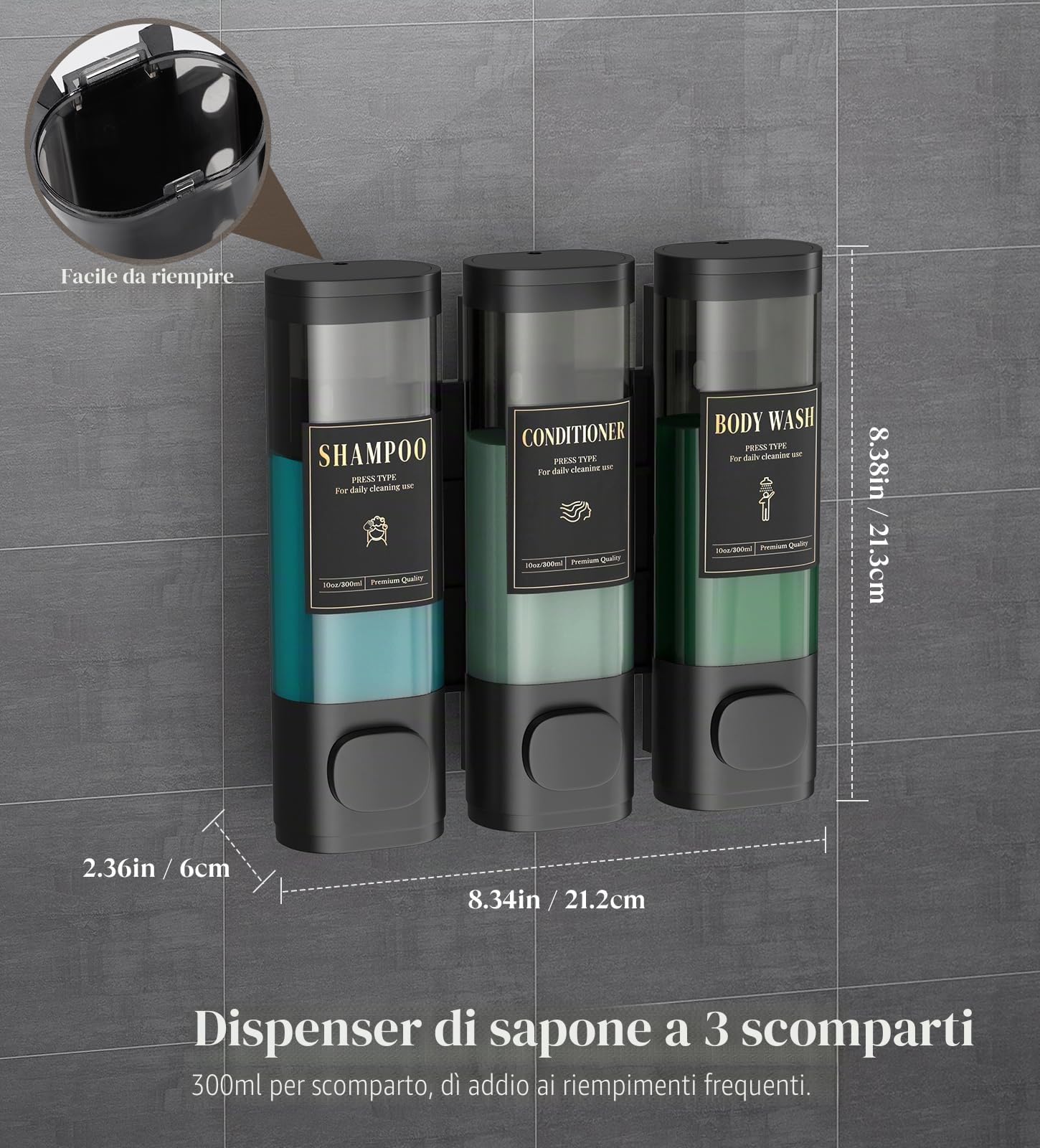 Luxspire Dispenser per Shampoo, Dispenser per Sapone da Doccia 3 Scomparti | Distributore da Parete con Serratura, Grande Capacità 900 ml, Senza Foratura, per Shampoo e Bagnoschiuma, per Bagno, Hotel