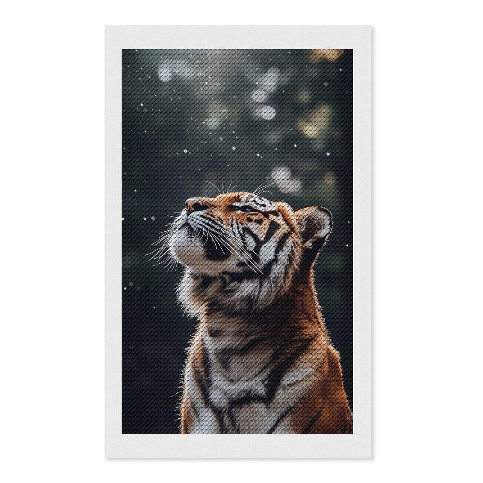 Junmoney Tiger Gazing Upward with Bokeh Lights DIY Diamond Art Canvas Kit 12"x20", Winter Craft, Mindful Craft Project, Aesthetic Room Decor, Decor Project