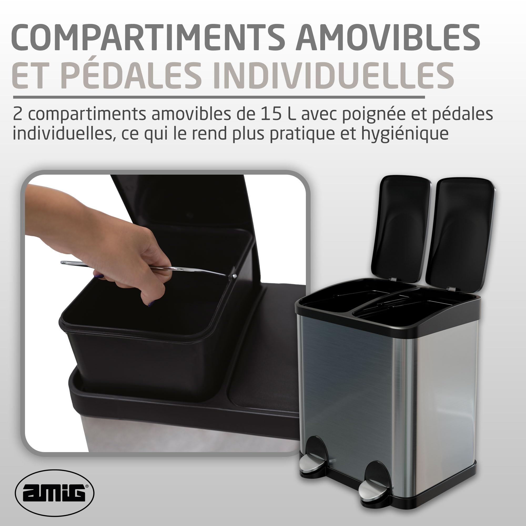 Amig - Poubelle de Recyclage Double avec Pédales Mod. RECIK2 - Poubelle Anti-traces pour Cuisine - Acier Inoxydable - 2 Compartiments x 15 L - 48 x 32 x 40 cm - Argenté