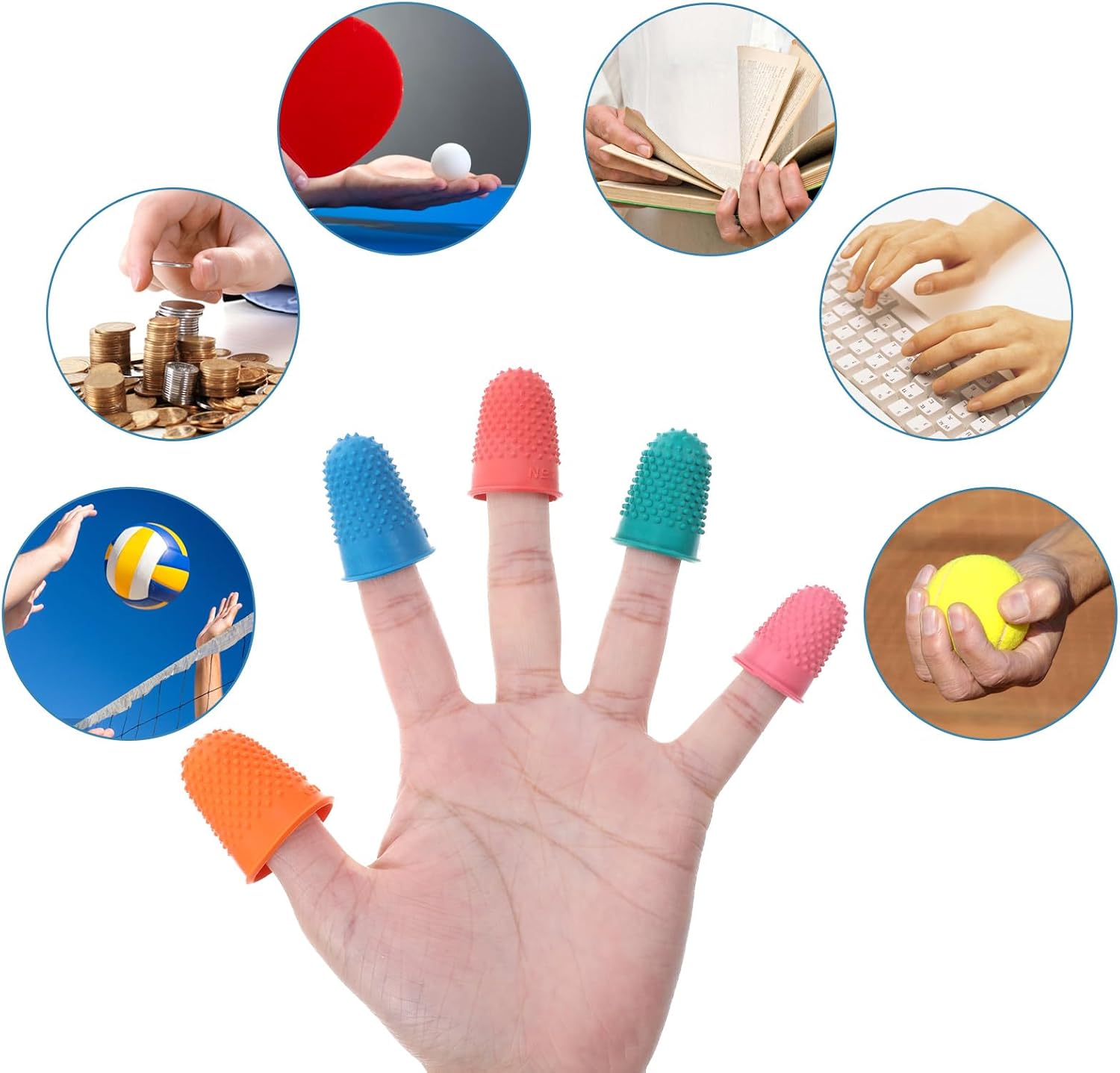 JJUNW 20 Pcs Rubber Thimbles for Hand Sewing, Finger Protectors Rubber Fingers Tips Finger Protectors for Sorting Papers, Knitting Thimble, 5 Sizes & Colors