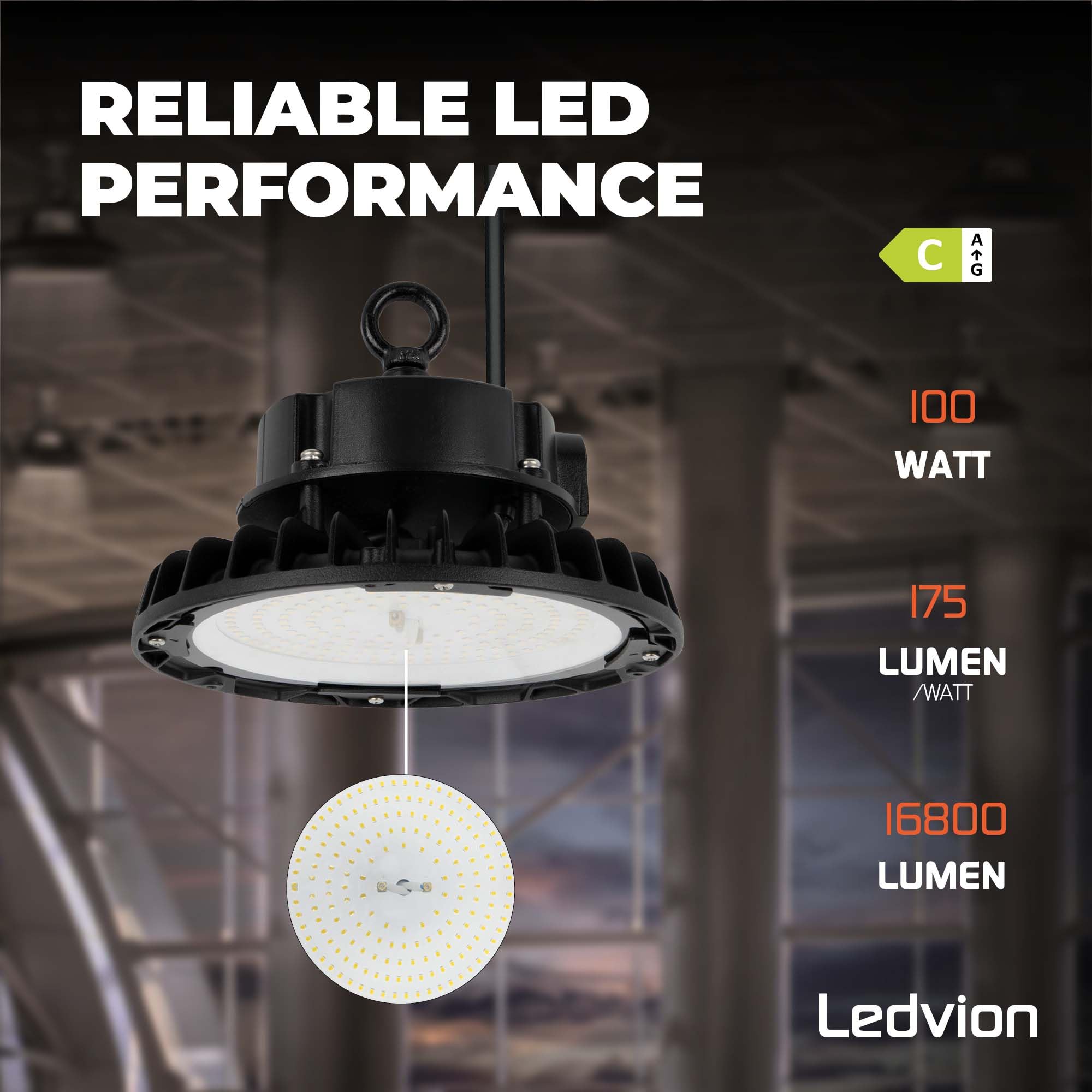 Ledvion - Sterownik LED High Bay 100 W, możliwość ściemniania, 175 lm/W, 17.500 lm, 3000K, IP65, 5 lat , lampa UFO