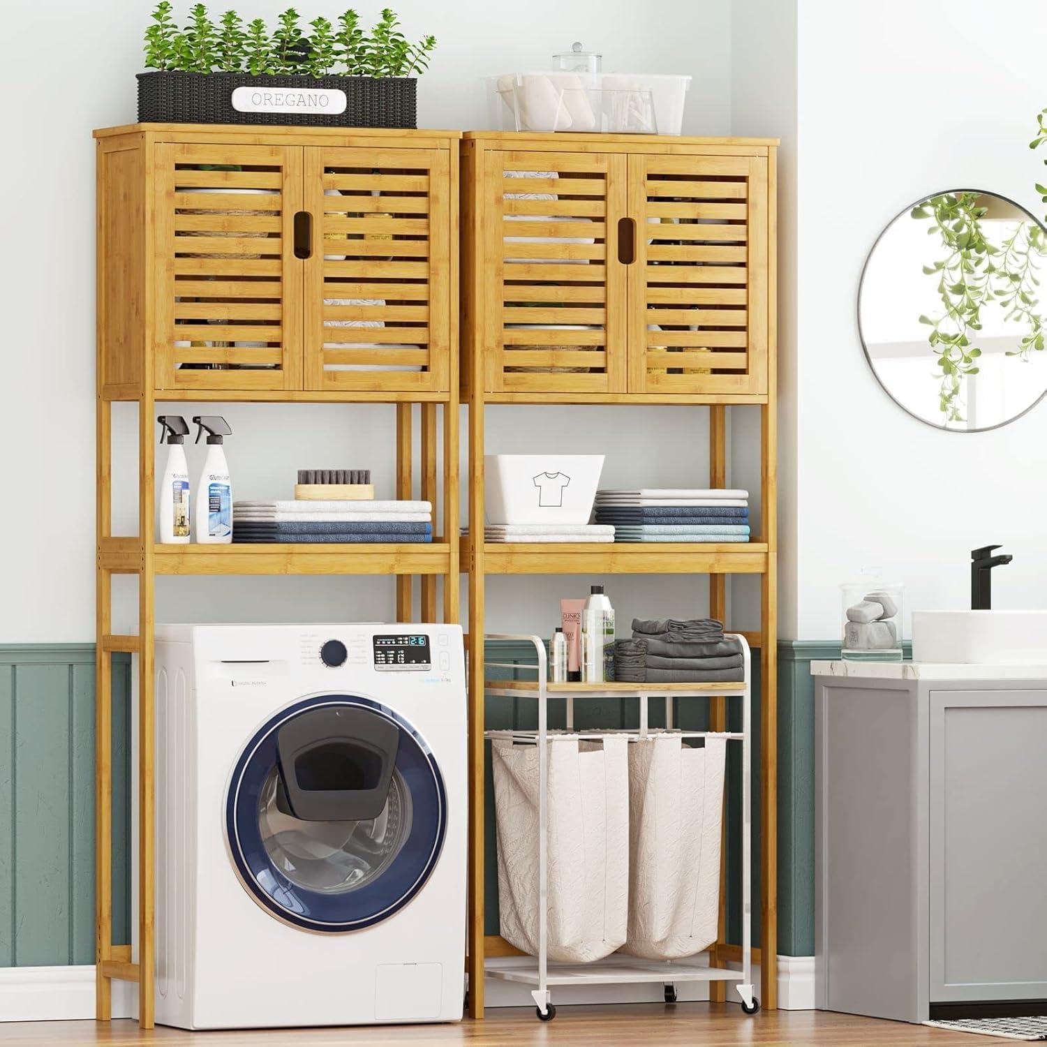 VIAGDO Toilettenregal Bambus, Badregal mit Schrank, Waschmaschinenschrank, WC Überbauschrank, Waschmaschine Überbau Badezimmer Regal, Toilettenschrank, 64 x 26 x 168 cm