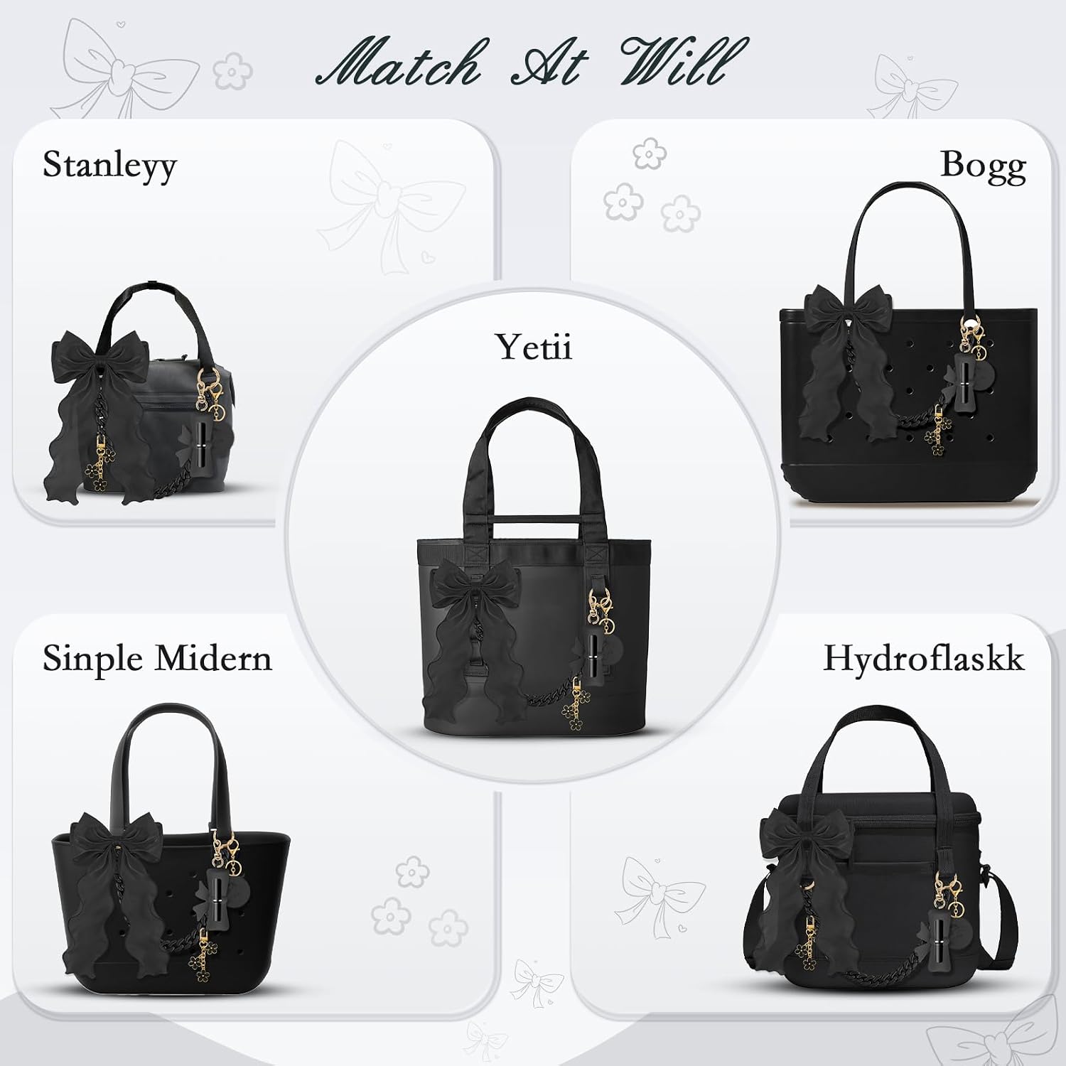 5PCS Tote Bag Decor Kit, Decorative Bow, Bow Lipstick Holder, Flower Charm & Acrylic Chain & Pom Pom Ball Bag Charms Compatible with YETI Camino 20/35/50 Carryall, Bogg Bag Accessories for Women