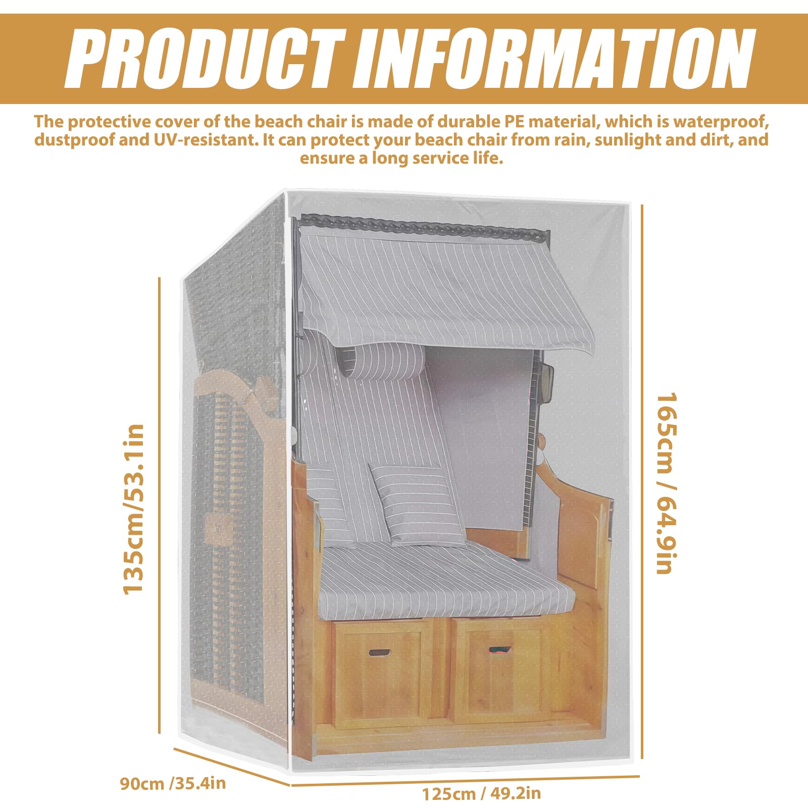 Funda protectora para sillón de playa, funda protectora para sillón de playa, impermeable, resistente al polvo, protección UV y resistente al desgarro, 125 x 90 x 165/135 cm, transparente