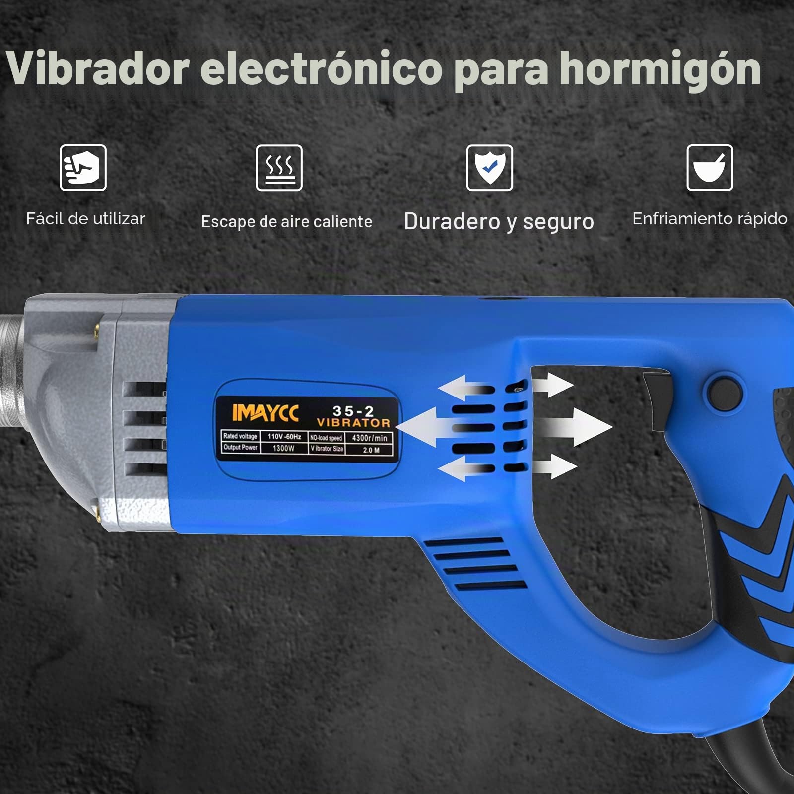 IMAYCC Vibrador de Hormigón Eléctrico, 1300 W 220 V 4300 Rpm, Escobilla de Carbón Externa, Manguera de 2 M de Longitud de Cobre, Herramientas de Hormigón