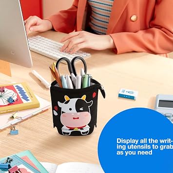 Cute Standing Pencil Case for Kids, Pop Up Pencil Box Makeup Pouch, Christmas Gift Kids Canvas Pen Holder Organizer Cosmetics Bag, Kawaii Stationary (Baby Cow)