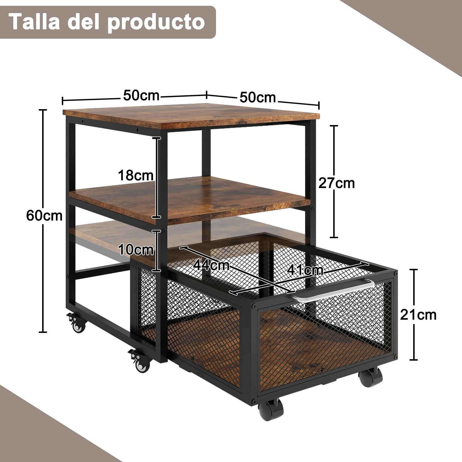 PUNCIA Soporte para Mini Nevera 3 Niveles con Cesta Metálica para Oficina | Mueble Mesa para Frigorífico con Base Móvil para Refrigerador con Ruedas Estante de Almacenamiento con Cajón Cocina Salón