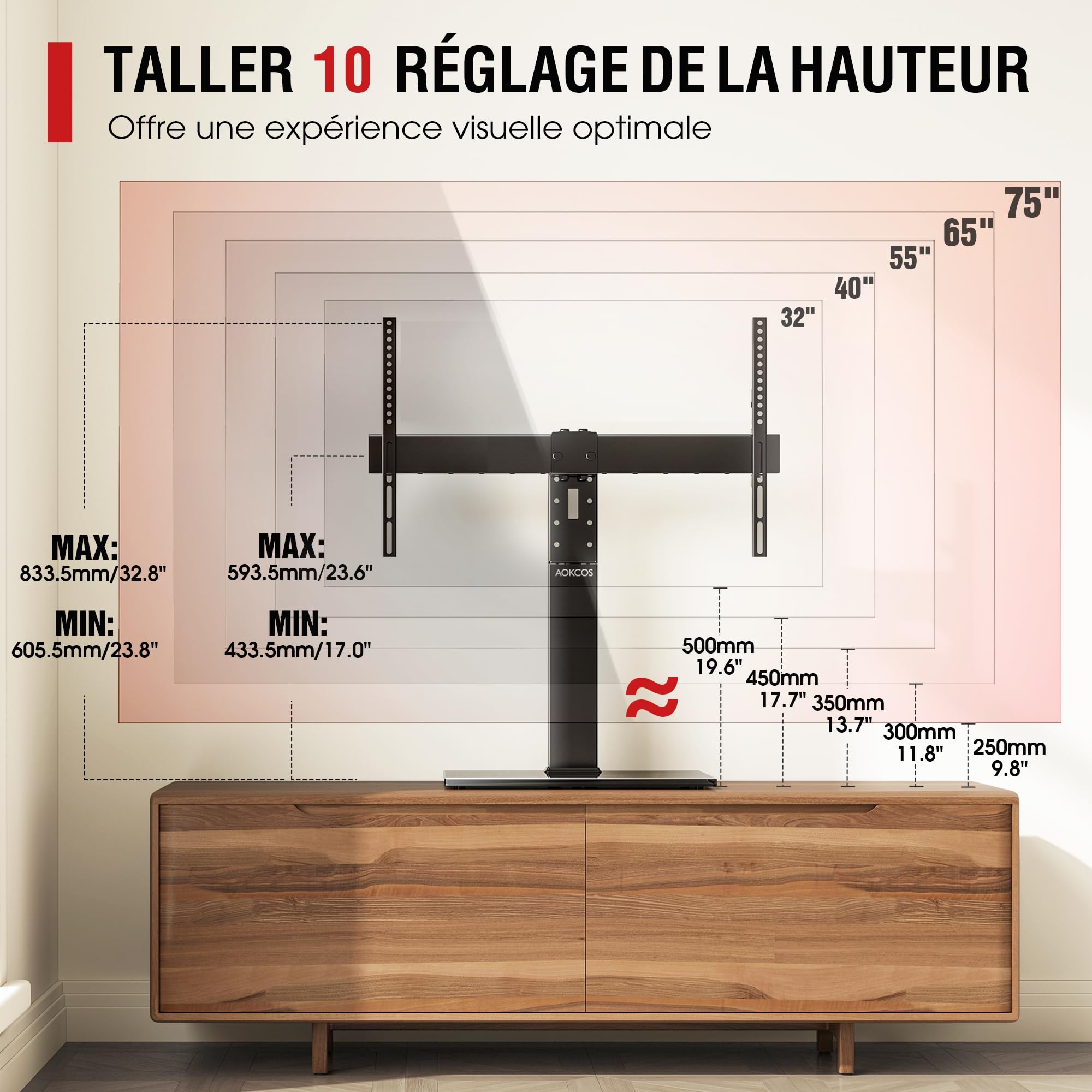 AOKCOS Support TV sur Pied pour TV de 32-75 Pouces - Pied TV Universel Pivotant 50° - Max Capacité 50 kg - Max VESA 600x400 mm