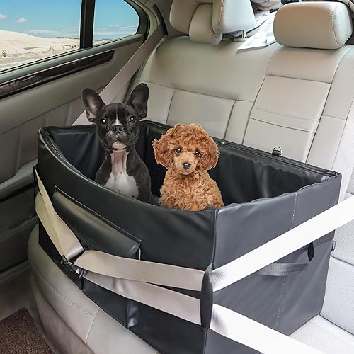 Asiento elevador para perros de 2 perros pequeños/medianos, asiento de coche para perros con 2 cinturones de seguridad, piel sintética, impermeable,