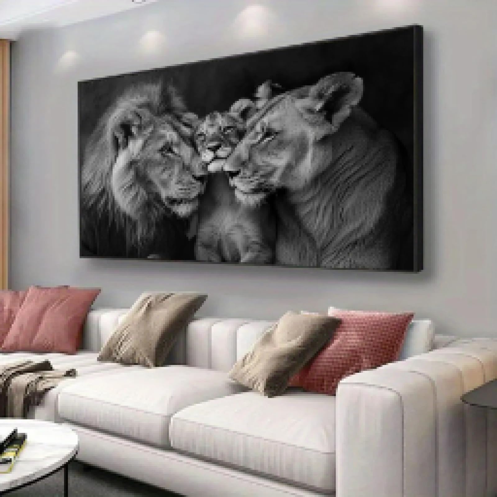 ZHUOYA Neue, moderne, leichte, luxuriöse, minimalistische Löwen-Wandkunst – Schwarz-weißer Leinwanddruck mit Löwenfamilienporträt für die Wohnzimmerdekoration, 65 x 130 cm, rahmenlos
