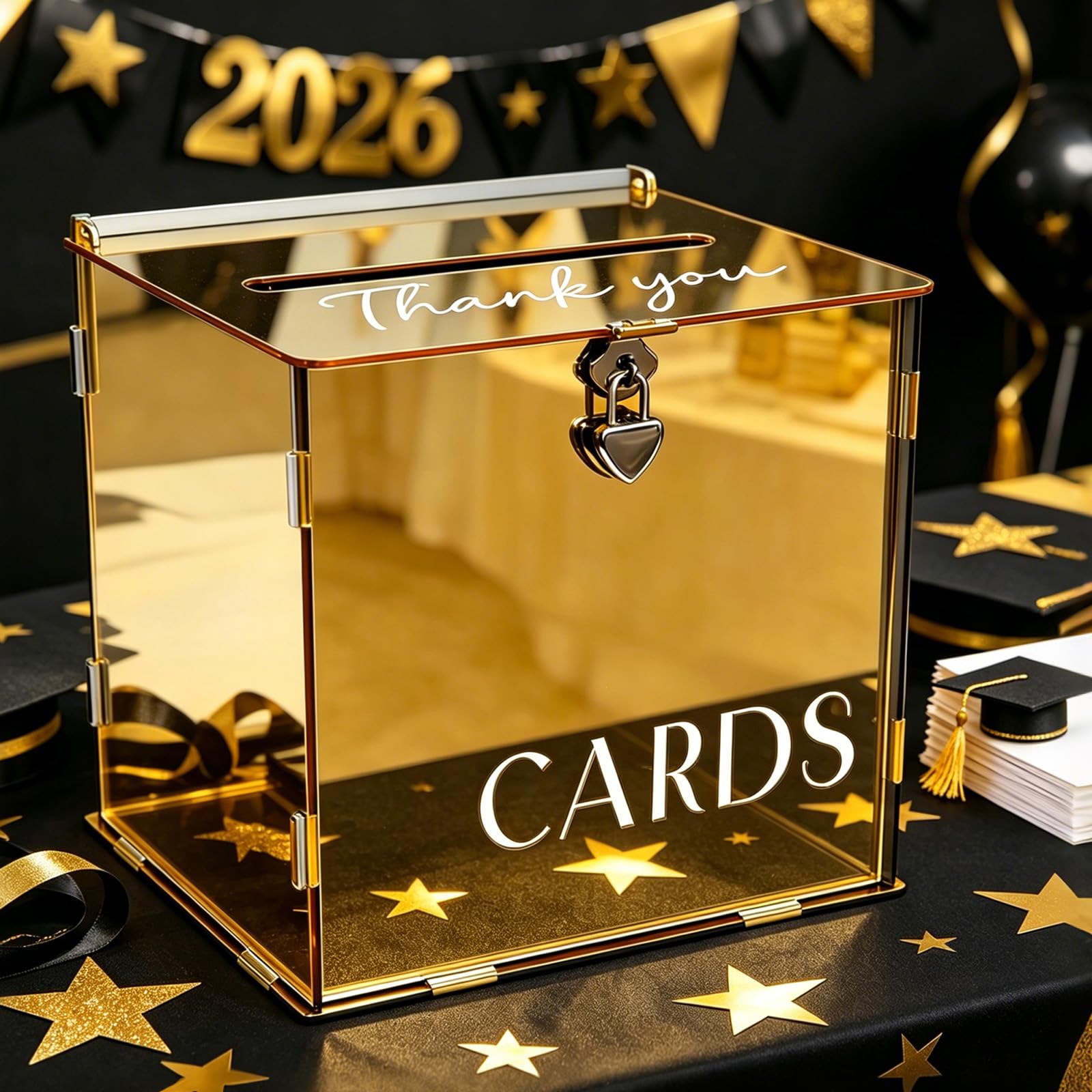 Scatola di carte in acrilico a specchio oro metallizzato con serratura e fessura, eleganti scatole per biglietti di nozze per ricevimenti, buste regalo dorate fai da te per feste, anniversari