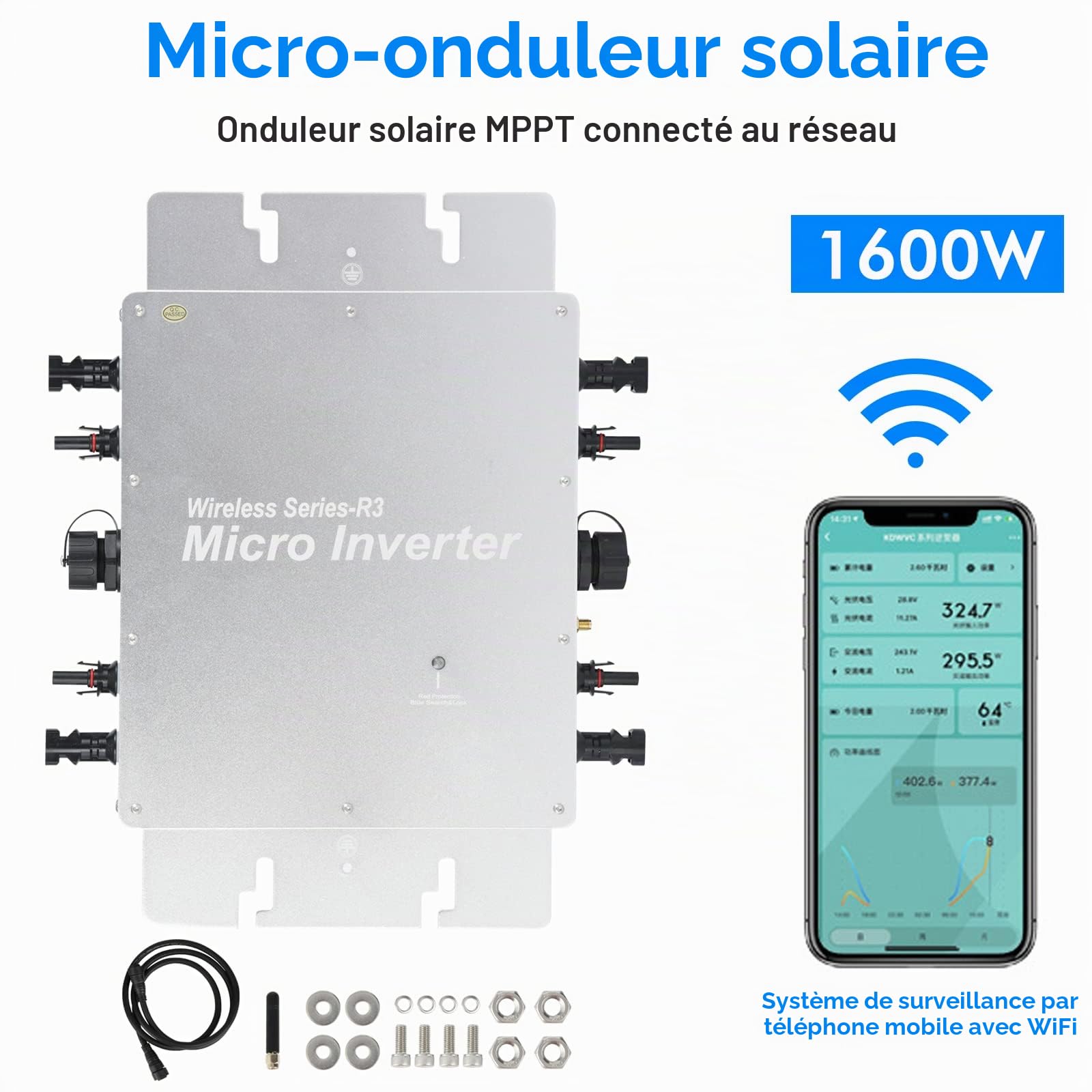 Jadeshay Micro Onduleur Solaire 1600W WiFi Onduleur Solaire connecté au réseau MPPT, 22-60V DC Input Onduleur pour Panneau Solaire avec Système de Surveillance de Téléphone Mobile