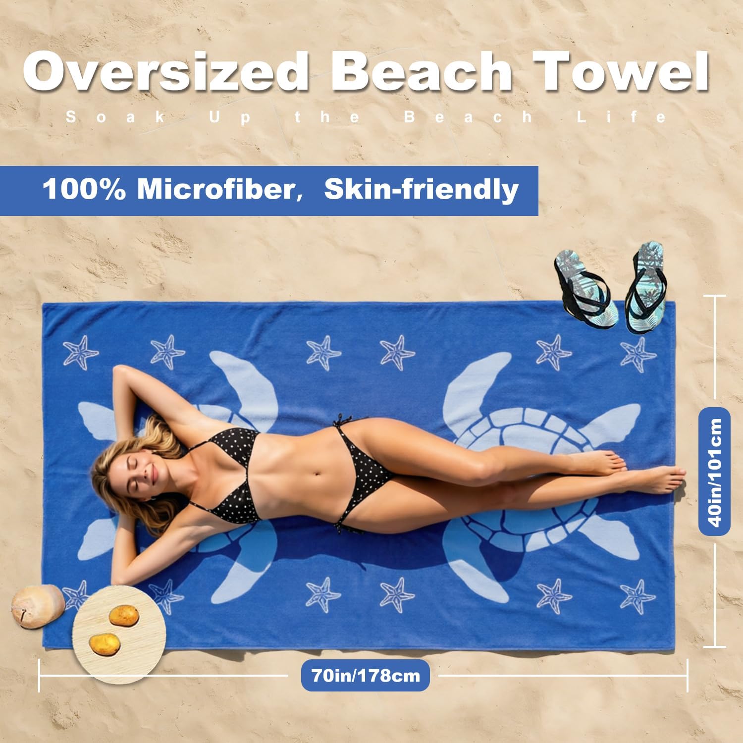 Jessy Home Microfiber 4 Pack Beach Towel Set, 40x70in Oversized Beach Towel, Quick-Dry Sand-Free Highly Absorbent Swim Towel, Soft Pool Towel, Marine Mixed Prints of Starfish & Sea Turtle for Vacation