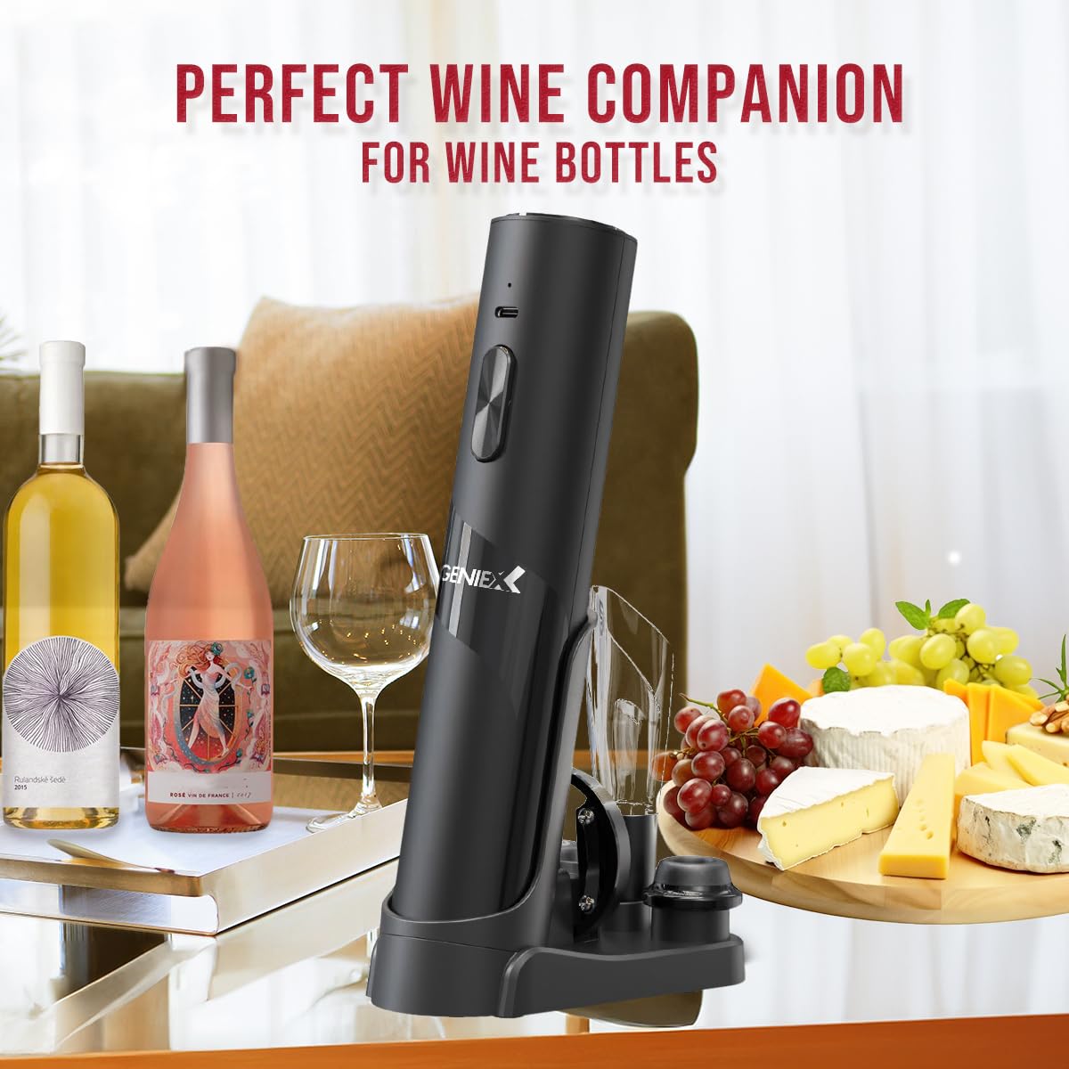 Abridor de vino eléctrico 6 en 1 con base de carga, parte inferior de sacacorchos automático + tapa automática de ahorro de vino | Regalo perfecto para vino