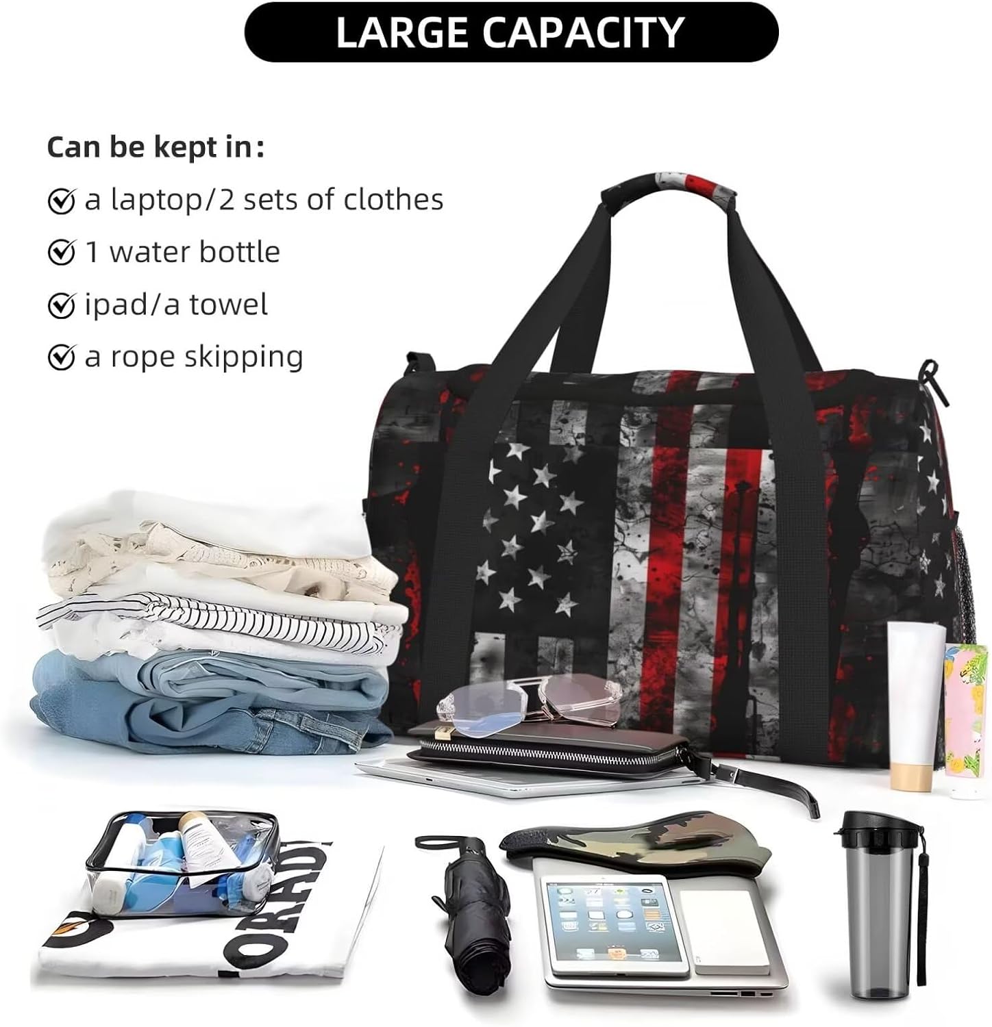 Large Duffle Bag American US Flags Lightweight Travel Duffle Bag Black and Red Foldable Overnight Bag for Men Women, Weekender Bag Flag Patriot Star Stripe Carry On Bag with Shoulder Strap