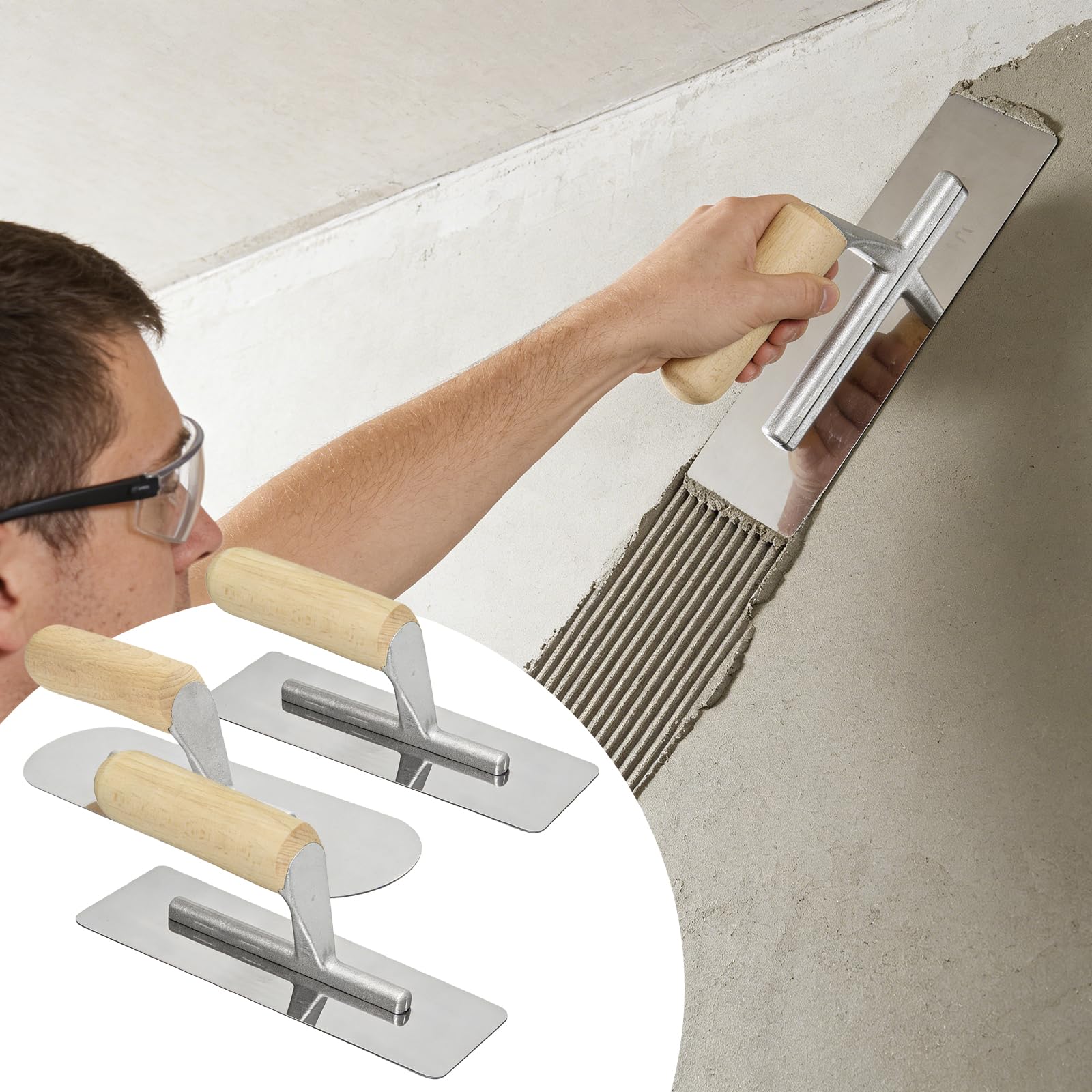 Lot de 3 truelles de lissage en acier inoxydable : tête ronde argentée, truelle vénitienne, truelle de nettoyage en acier inoxydable, outil de stucage, pour travaux de plâtrage mural et de sol, 25,5 x