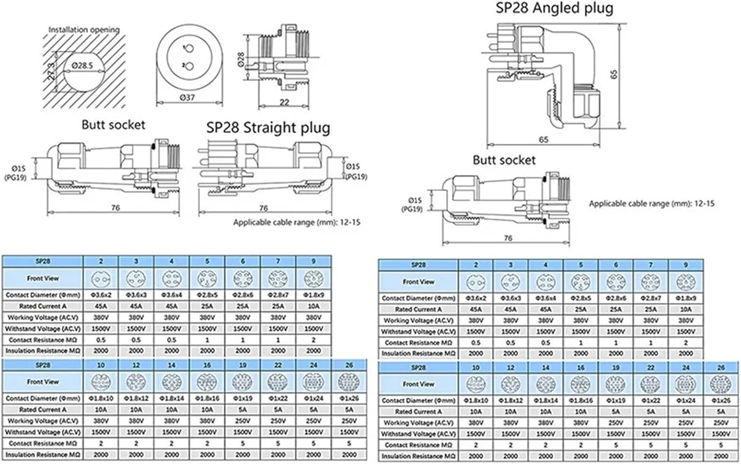1PCS SP28 IP68 Butt/Square/Nut Welding Type Waterproof Wire Connector Elbow&Straight Male Female Socket Set for 12-15mm(Elbow Docking,1 PCS_2P)