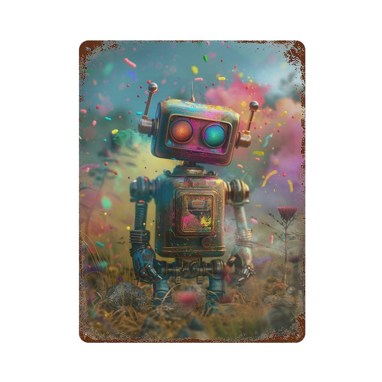Colorful Robot Garden Scene Decorative Tin Sign 15.7"x11.8", for Garage, Bar And Workshop Decor, Novelty Wall Decor