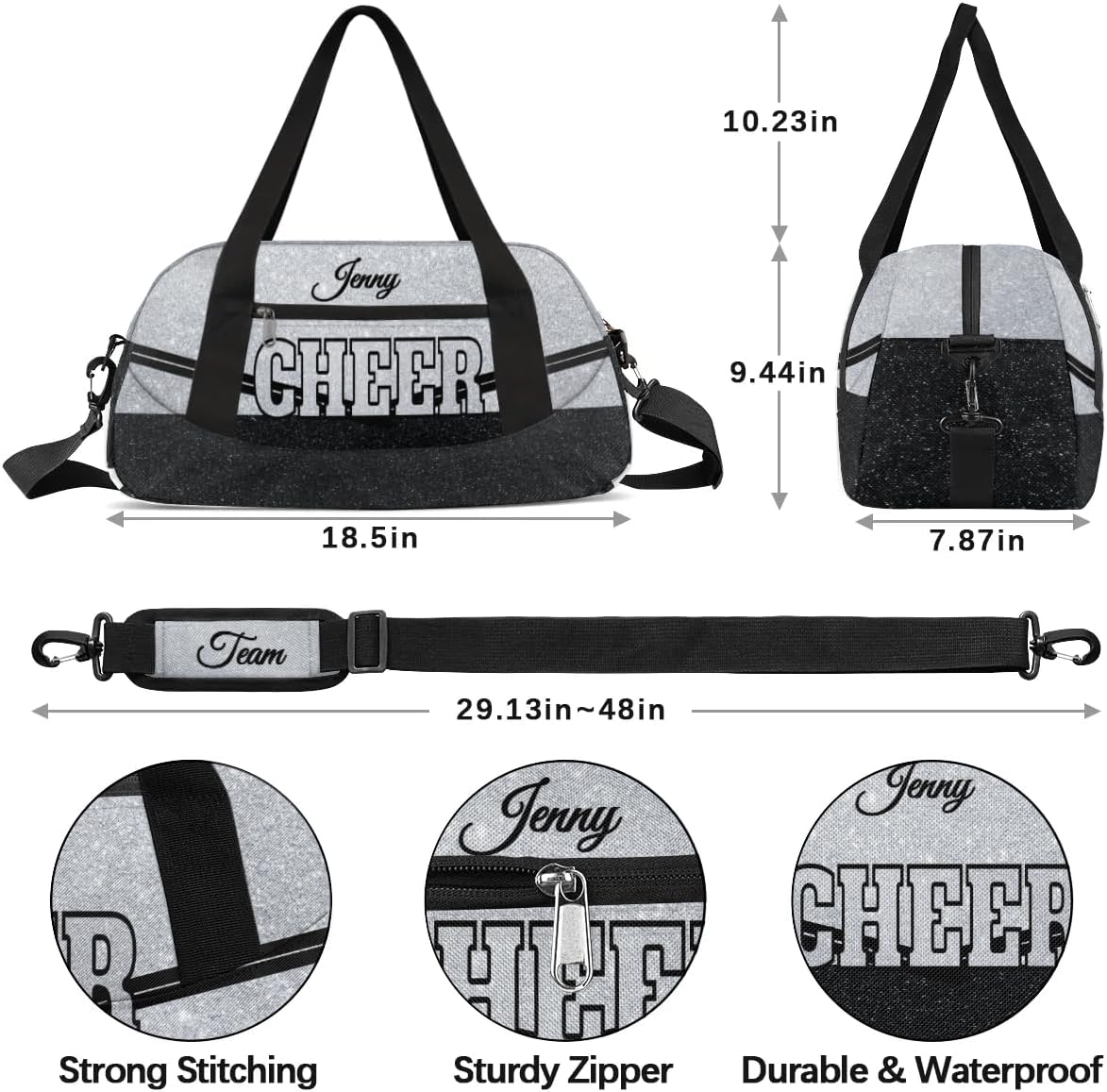Personalized Glitter Cheer Bag Girls,Foldable Kids Duffel Bag Sports Bag Gym Custom Team Gift Weekender Bags Overnight Travel Lightweight Gymnastics Bag,Silvery