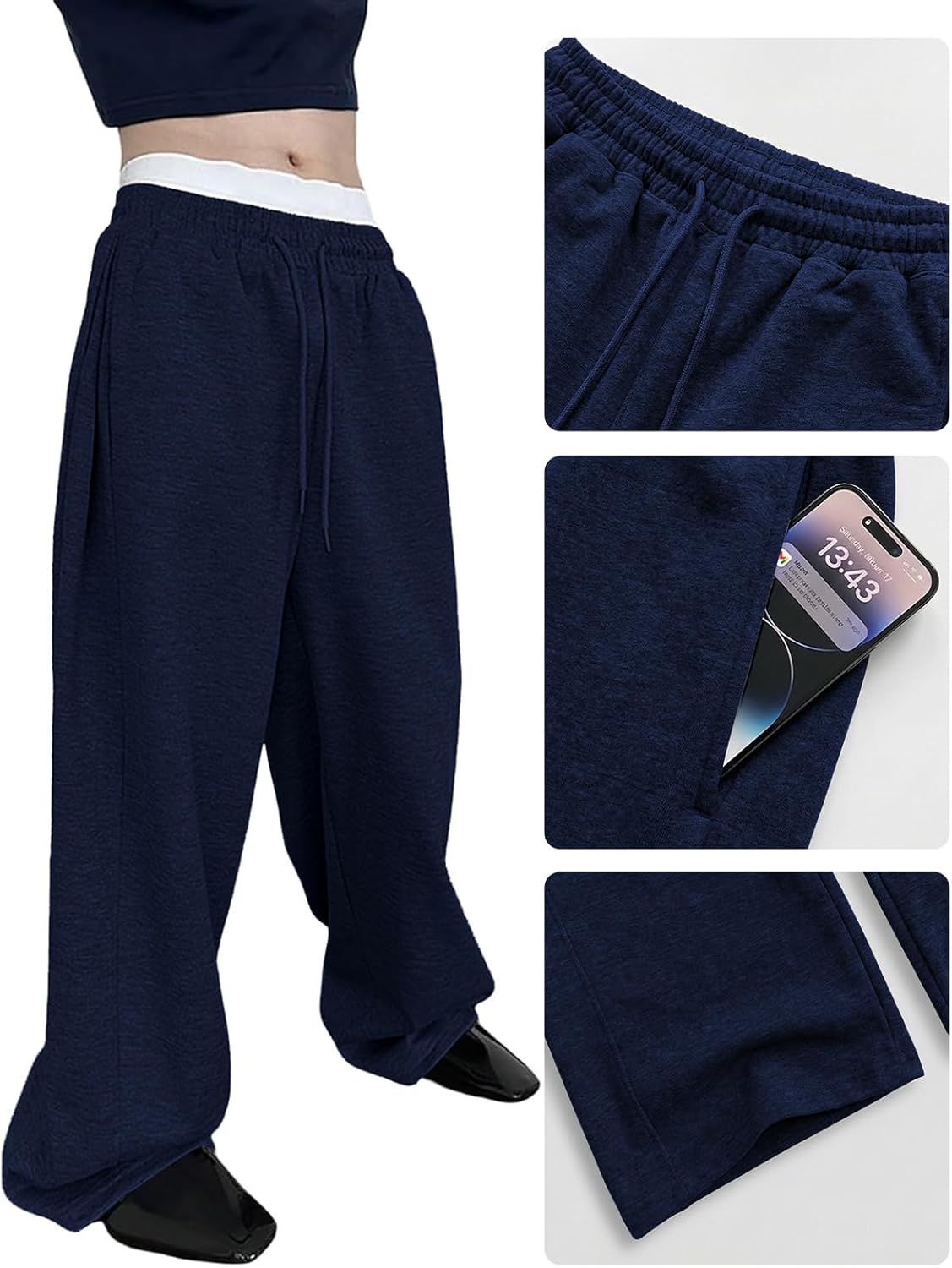 Men's Baggy Sweatpants Cotton Fleece Wide Leg Lounge Sweat Pants Drawstring Waist Jogging Pants with Pockets - Image 5