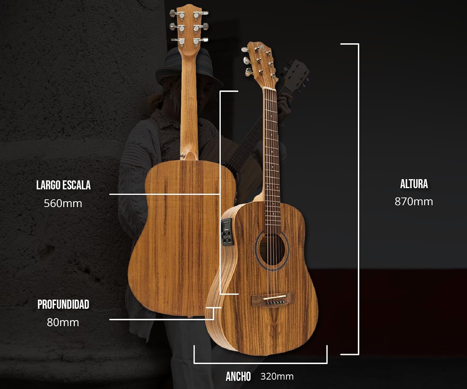 Bamboo Electroacoustic Guitar Travel Koa with Gig Bag, 34 Inches, Koa wood