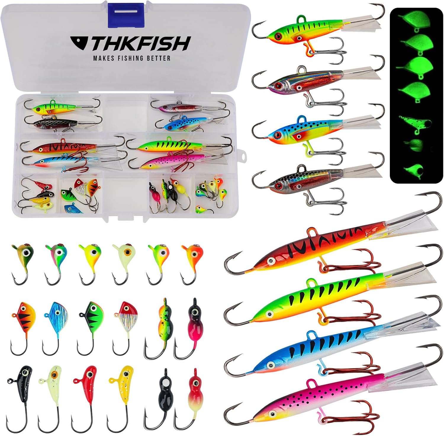 THKFISH Ice Fishing Lures Ice Fishing Jigs Ice Fishing Gear Hard Fishing Lures and Jigs Walleye Ice Fishing Kit Crappie Panfish Pike Jigs,14/26/40PCS