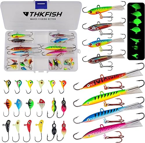 THKFISH Ice Fishing Lures Ice Fishing Jigs Ice Fishing Gear Hard Fishing Lures Ice Fishing Kit Crappie Panfish Jigs 26PCS, 40PCS