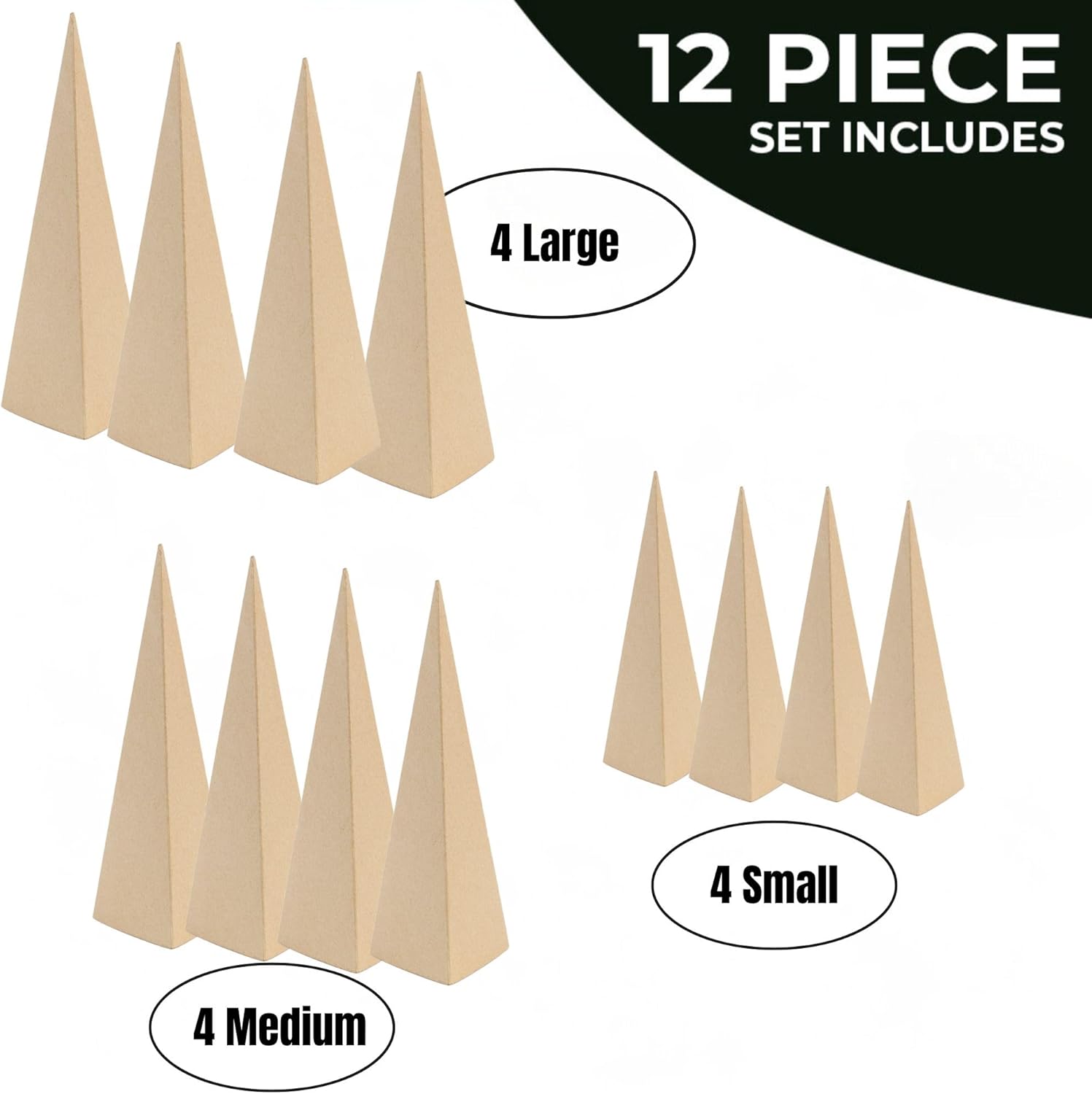 12 PCS Paper Mache Triangle Craft Cones Open Bottom Cardboard Cones for Fall Halloween Christmas DIY Gnomes Doll Mountains Tree Decorations DIY Art Crafts Home Decoration Pack-13.75x5,10.63x4, 7x3 In.