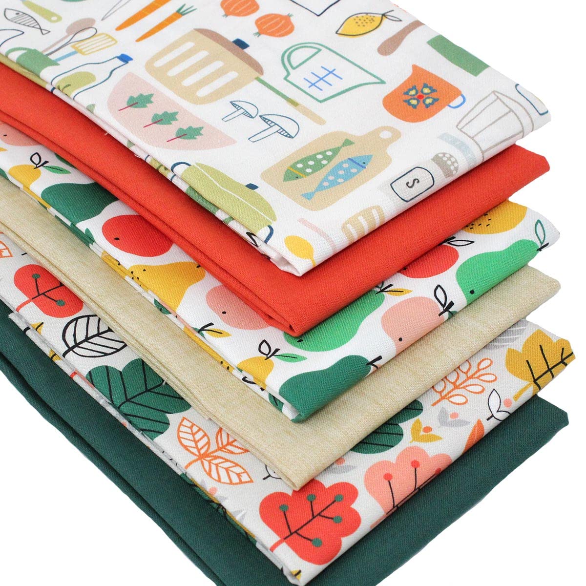 6 Fat Quarters Bundle - 'Homestead' Orange, Ochre & Green Fabrics. Nature & Kitchen Designs. 100% Cotton. Ideal for Quilting, Sewing & Crafting (with Free Patchwork Pattern by Overdale Fabrics)