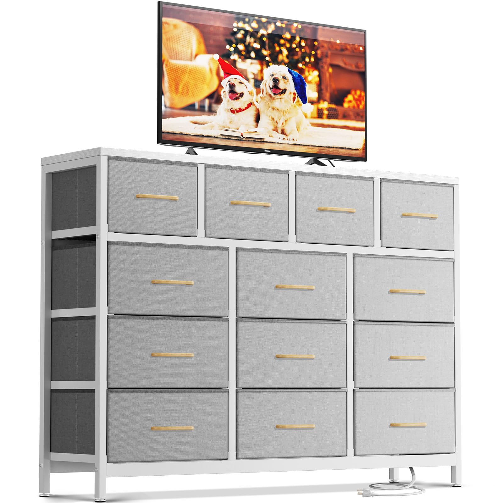 ODK Long TV Stand with 3 Outlets and 2 USB Charging Ports, 57'' Wide TV Stand with 13 Large Drawers, Fabric TV Stand for Living Room, Hallway, Grey