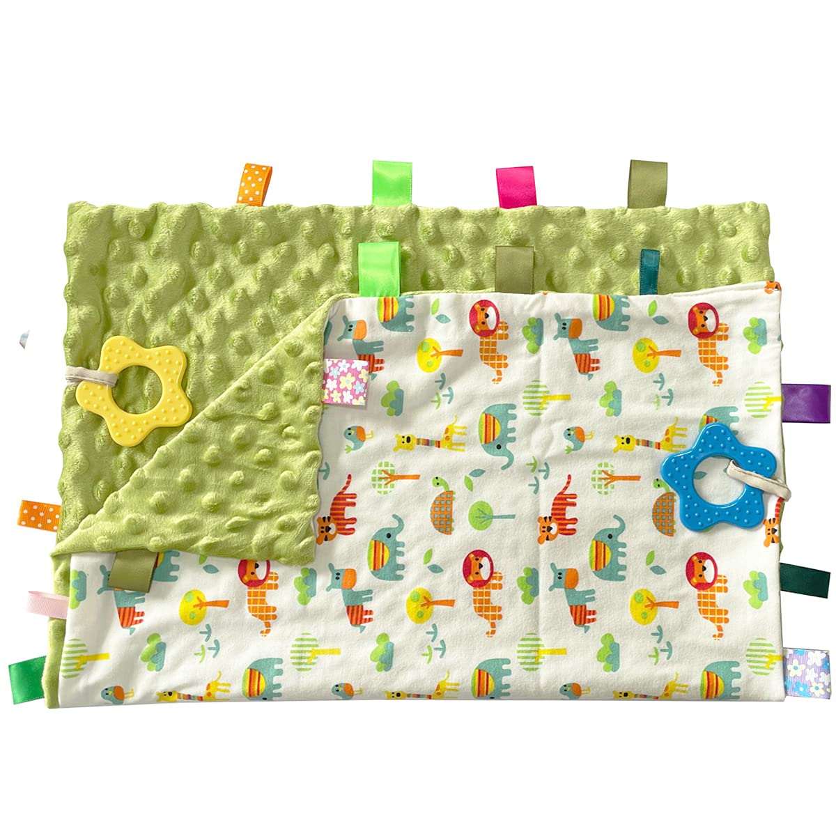 1 PC Green Animal Big Size Baby Tag Blanket, Soft Baby Security Label Blanket, Taggy Blanket for Toddler Gift(21.7x17.7)