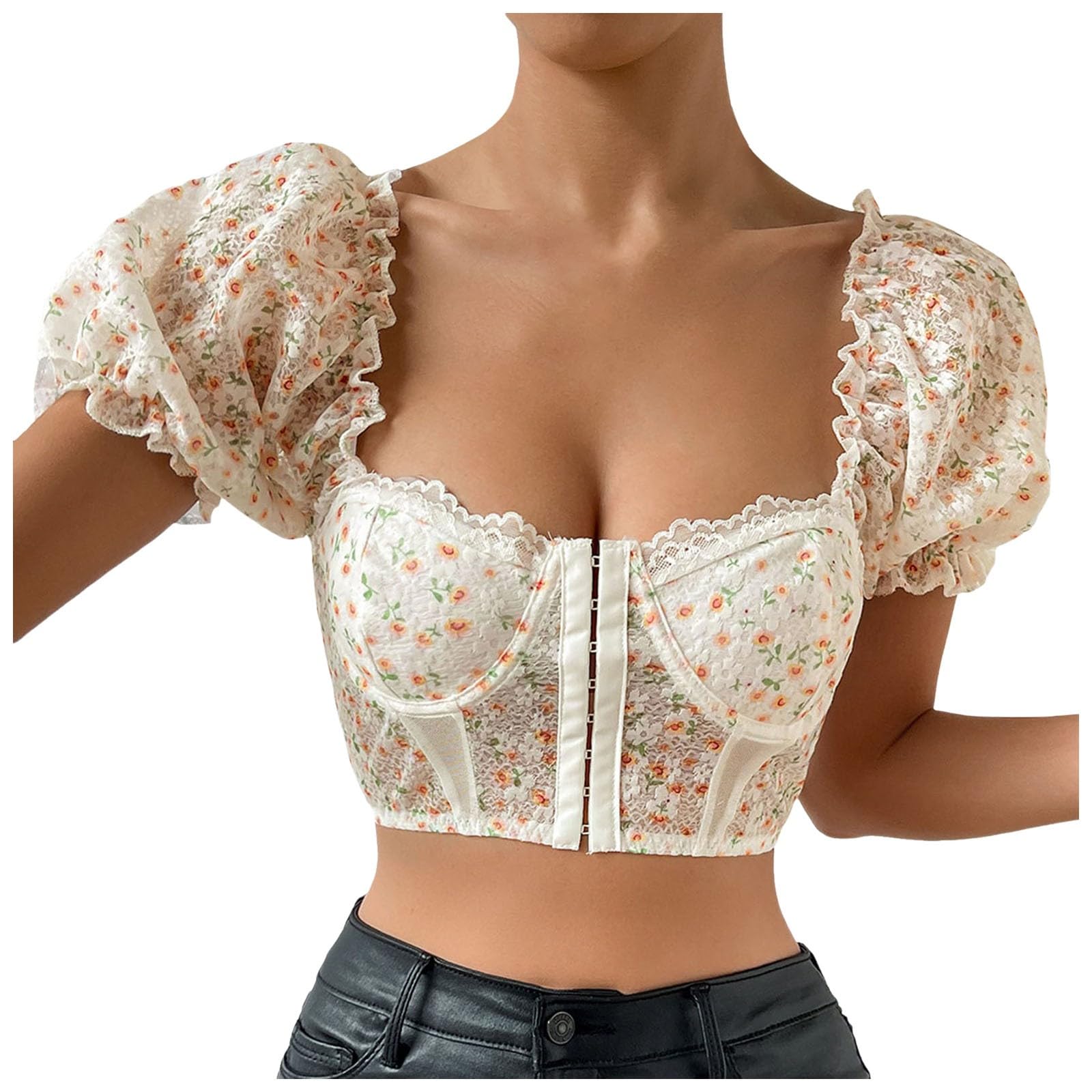 Camicetta Dirndl da donna, trasparente, bianca, elegante, con inserto in pizzo, corsetto elegante, maniche svasate, top corto avvolgente con camicetta in pizzo per lingerie