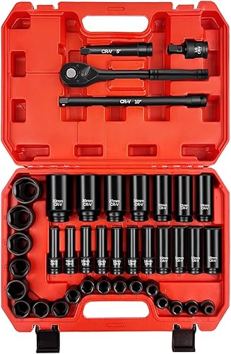 WETT Juego de llaves de impacto de 1/2 pulgadas, 40 piezas de llaves de vaso métricas (8-32mm), surtido de llaves estándar de servicio pesado,