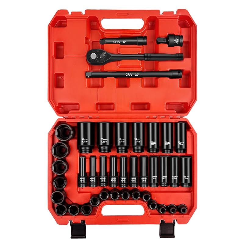 Jogo de Soquetes de Impacto Métricos WETT com Catraca 1/2 pol., Sextavados de 8 a 32 mm, 40 peças