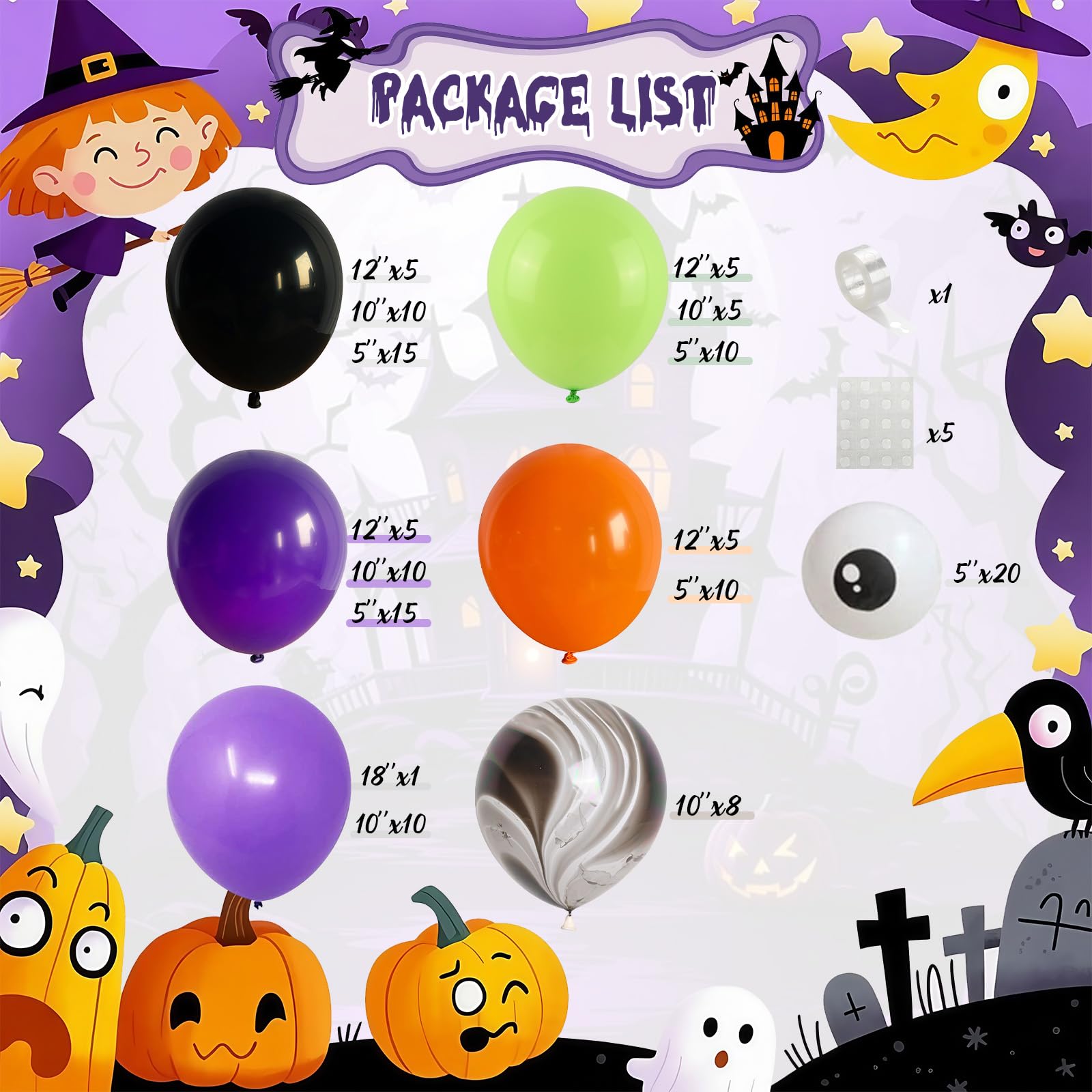 138pcs Halloween Balloon Arch Kit, Black Orange Purple Green Balloons with Marble Agate Eyeball Balloons - Image 2