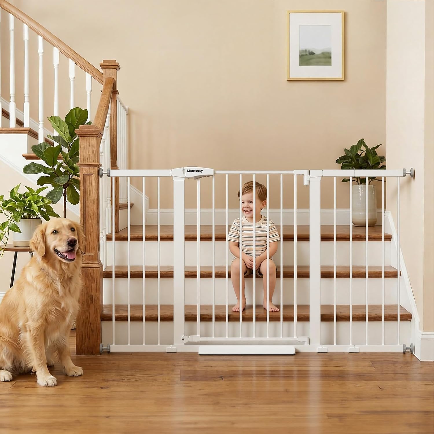 Mumeasy 29.7-57" Extra Wide Baby Gate, Auto Close Large Dog Gate for Doorways, No Drilling Pressure Mounted Pet Safety Gate for Stairs, Easy Walk Through Child Gate for Hallways, House, Indoor, White