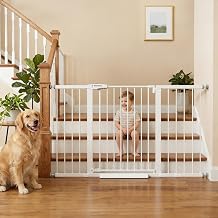 Mumeasy 29.7-57" Extra Wide Baby Gate, Auto Close Large Dog Gate for Doorways, No Drilling Pressure Mounted Pet Safety Gate for Stairs, Easy Walk Through Child Gate for Hallways, House, Indoor, White