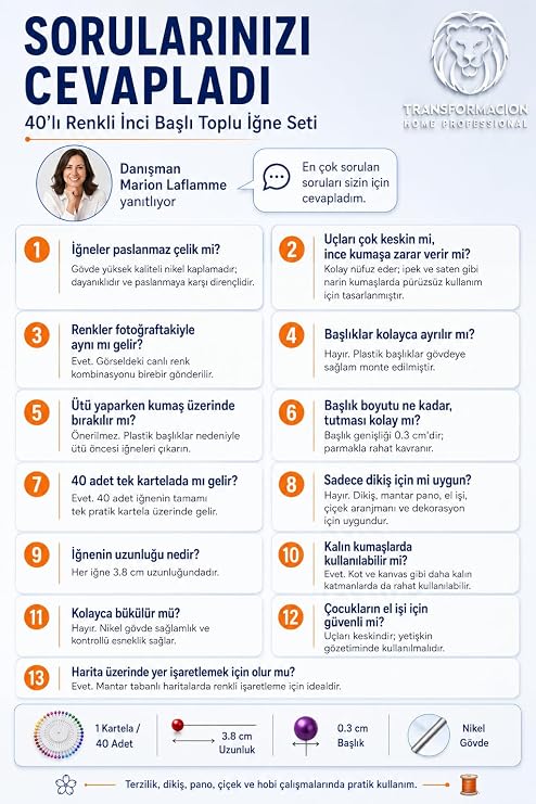 TransForMacion 40'lı Renkli İnci Başlı Toplu İğne Seti, Terzi Dikiş El İşi ve Pano Süsleme İğnesi