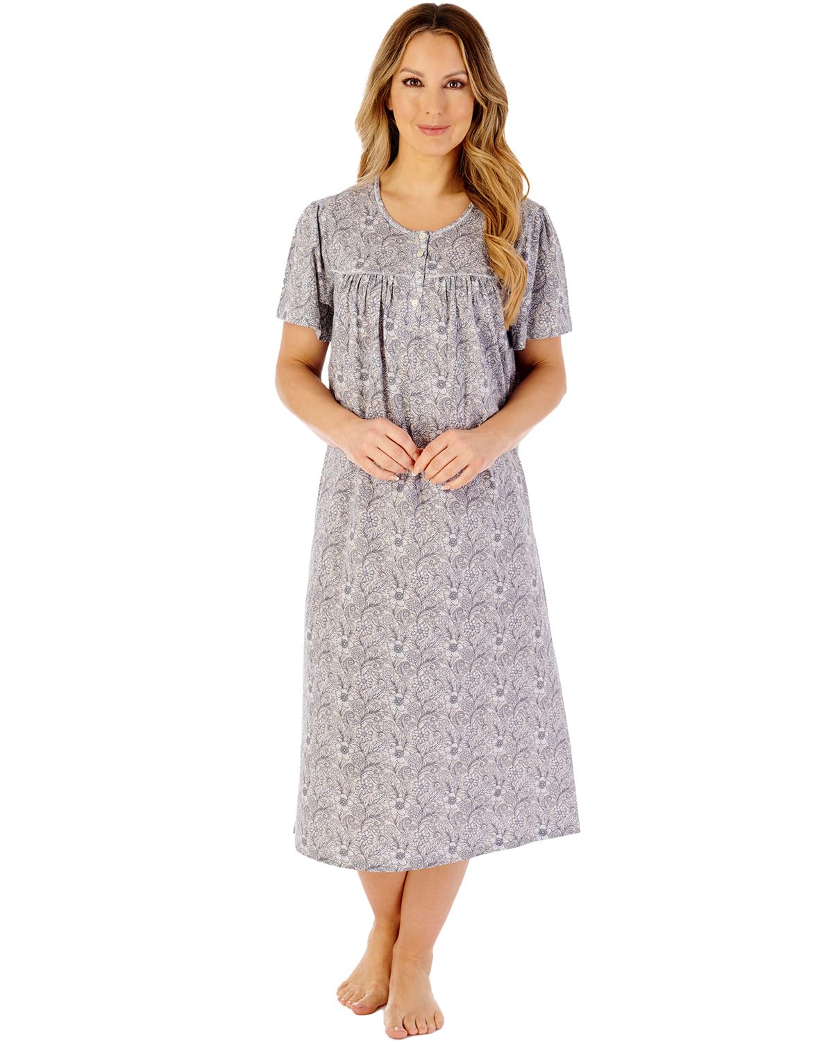 Slenderella Indi Print 45" Short Sleeve Jersey Nightdress ND08106 Grey 20-22