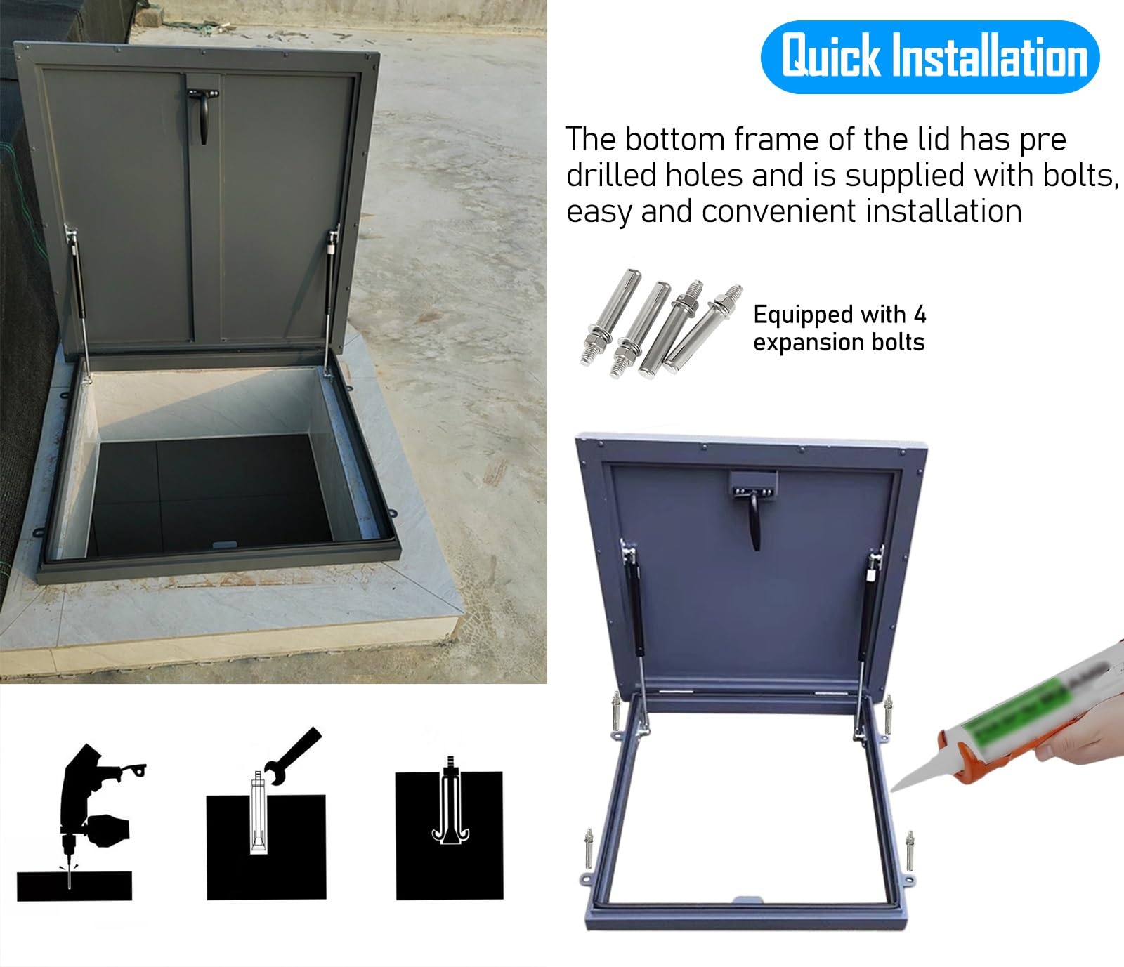 Botola di accesso per tetto con puntone a gas, rivestimento zincato a polvere, guarnizione in gomma e maniglia, porta di accesso per scale mansardate, apertura versatile, 80 x 65 cm