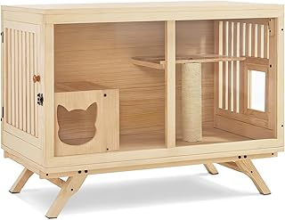 Lovupet TV-Style Wooden Cat House, Solid Fir Wood Cat Furniture with Clear Acrylic Panels, Escape Door & Scratching Post, CT55
