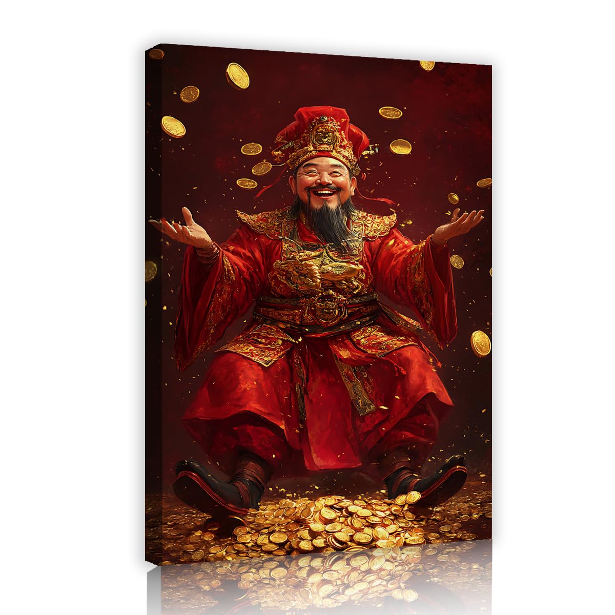 Via Vela Chinese Feng Shui Framed Canvas Prints Caishen Red Golden Coin Picture Wealth Fortune Myth Art Poster For Dining Room Asian Restaurant Kitchen Decor 70x110cm