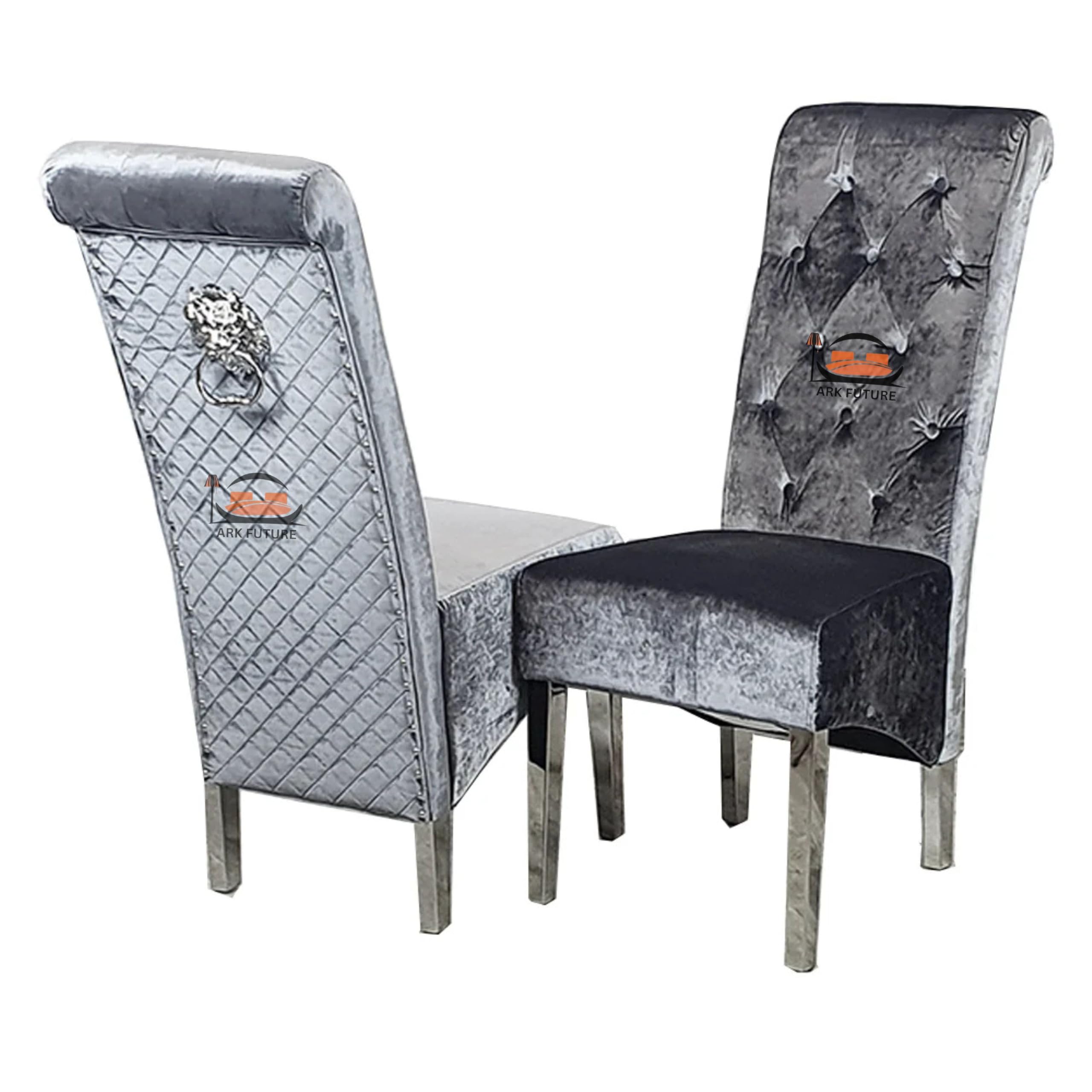 Tall Lion Knocker Velvet Dining Chairs | Fabric Dining Chairs High Back Kitchen Chairs Soft Padded Seat and Wooden Legs | Dining Chair for Home, Kitchen (Steel) (Dark Grey Velvet)