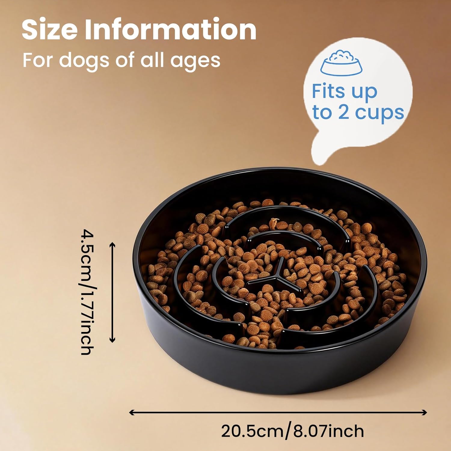 Ceramic Slow Feeder Dog Bowls,2.0 Cups Slow Feeder for Medium Breed,Puzzle Dog Food Bowl to Slow Down Eating, Anti-Gulping, Stop Bloat,Preventing Choking,8in,Black