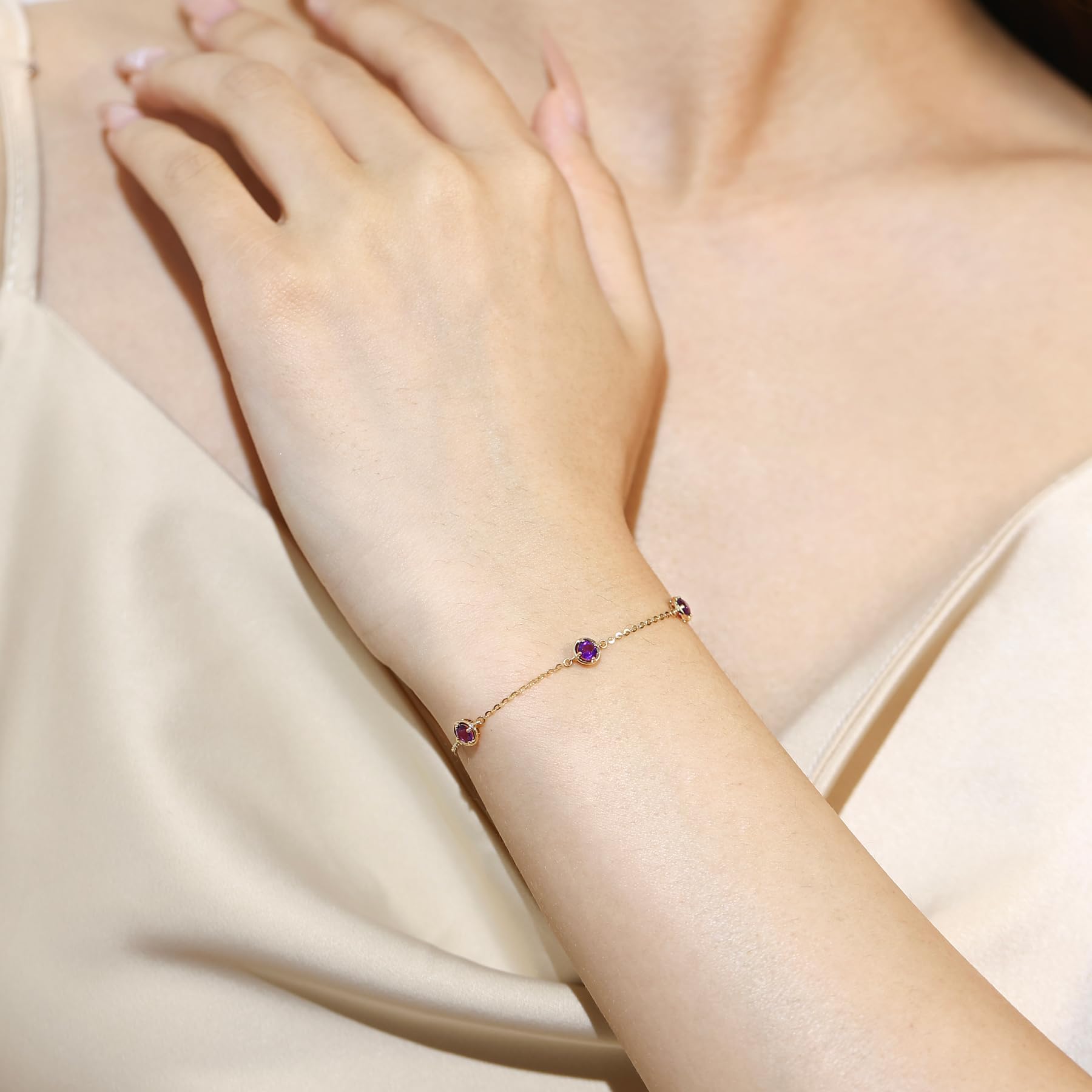 FANCIME Solide 14 Karat 585 Gelb Gold Armband mit Natürlichem Peridot Citrin Topas Granat Amethyst für Damen Mädchen - Armbandlänge: 17 + 3 cm