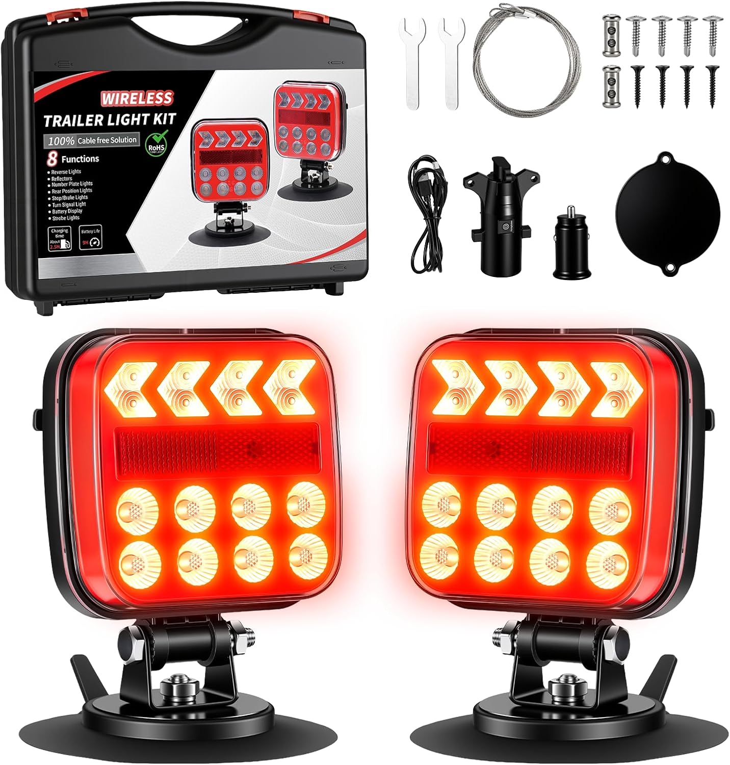 Wireless Trailer Lights - Adjustable Angle Strong Magnetic LED Trailer Light with Rechargeable, IP67 Waterproof, 6 Lighting Modes, Towing Hitch Lights for Vehicle, RVs, Trucks, Boats(Black)