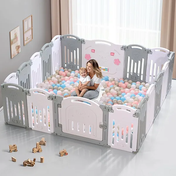 Uanlauo Baby Playpen, 18 Panel Foldable Play Yard for Toddlers, Easy Assemble Safety Baby Fence (Grey+White)
