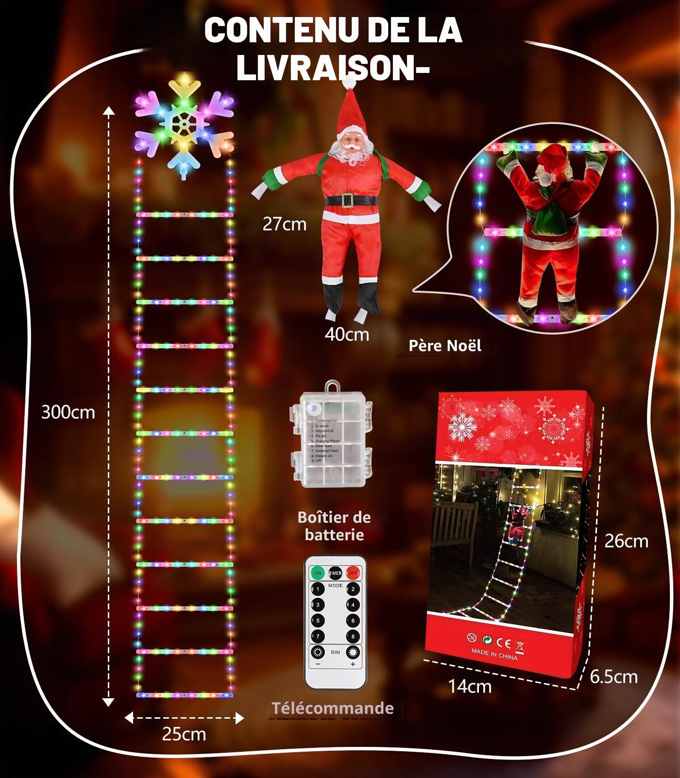 Guirlande Lumineuse Échelle Père Noël, 3 m LED Rideau Lumineux Flocon de Neige Decoration Noel Guirlande Lumineuse à Piles, 8 Modes Minuterie Christmas Lights avec Père Noël pour Exterieur Interieur