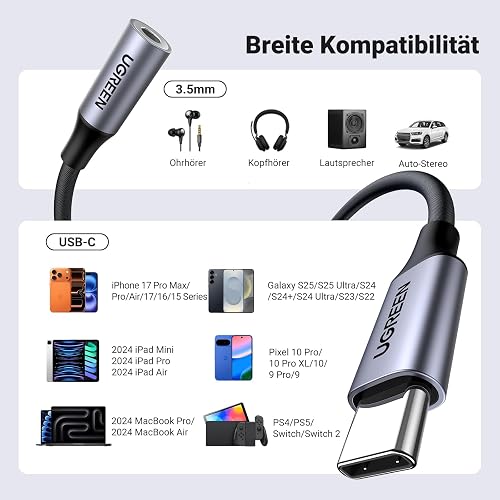 UGREEN Adaptateur USB C Jack 3.5mm TRRS DAC Compatible avec iPhone 17 Pro Max Plus 16 Galaxy S25 S24 Pixel 10 9 8 MacBook iPad Pro Air Câble Casque Micro Écouteurs Numérique 4 Pôles (Gris 1pc) - 5