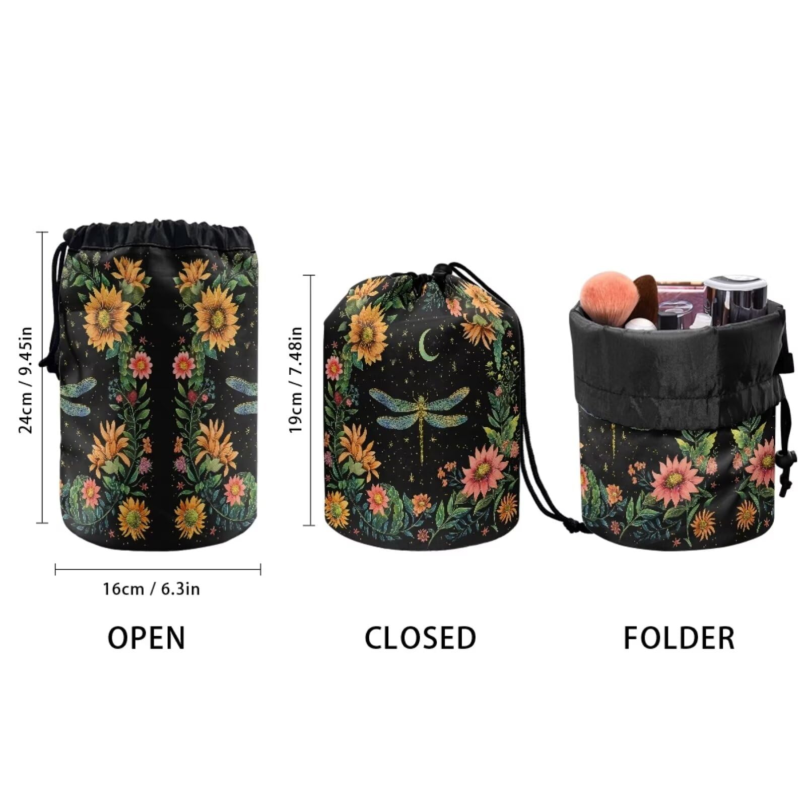 chaqlin Moon Dragonfly Floral Travel Cosmetic Bags Barrel Makeup Bag,Women Girls Portable Foldable Cases Multifunctional Toiletry Bucket Bags Round Organizer Storage Pocket - Image 2